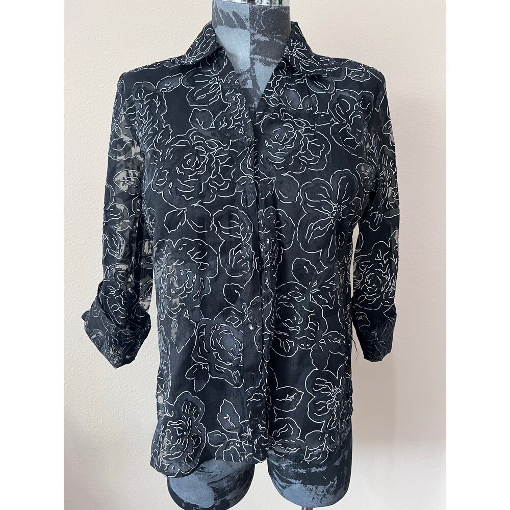 Elementz Women’s Sheer Black Floral Button Down Top